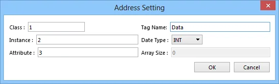 Address Setting dialog with Class 1, Instance 2, Attribute 3, Tag Name Data, and Date Type INT configured.