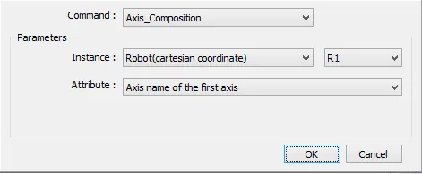 Address settings dialog with Command set to Axis_Composition, Instance set to Robot (cartesian coordinate) with R1 selected, and Attribute set to Axis name of the first axis.