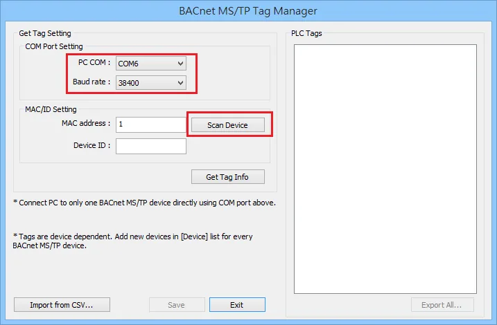 BACnet MSTP Tag Manager Scan Device BACnet MS/TP Tag Manager showing COM Port Setting with PC COM and Baud rate fields, MAC/ID Setting with MAC address and Device ID, and the Scan Device button.