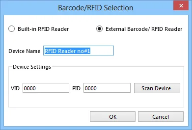 Barcode/RFID Selection Device Name Edit Barcode/RFID Selection dialog with the Device Name field highlighted and set to RFID Reader no#1.