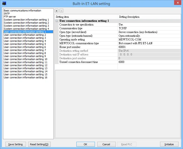 Built-in ET-LAN setting dialog showing User connection information setting 1 with Communication type TCP/IP, Open type Server connection (any destination), Operating mode setting MEWTOCOL-COM, and Home port number 60001.