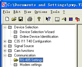 C3 ServoManager2 Communication Menu RS-485 Settings C3 ServoManager2 navigation tree with Communication expanded and RS-485 Settings selected.