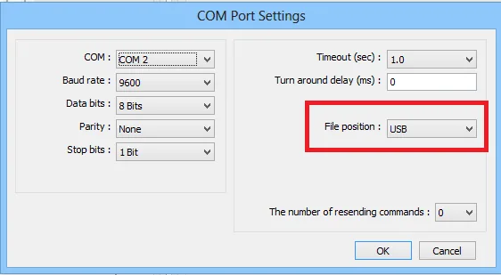 COM Port Settings dialog showing Baud rate 9600, Data bits 8 Bits, Parity None, Stop bits 1 Bit, and File position set to USB.