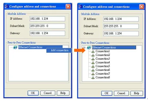 Configure Address Add Ethernet Connection Configure address and connections dialog shown before and after adding connections, with eight connection entries listed under Ethernet Connections.