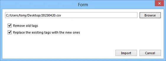 Form dialog with a file path field showing a CSV file path, checkboxes for Remove old tags and Replace the existing tags with the new ones, and Import and Cancel buttons.