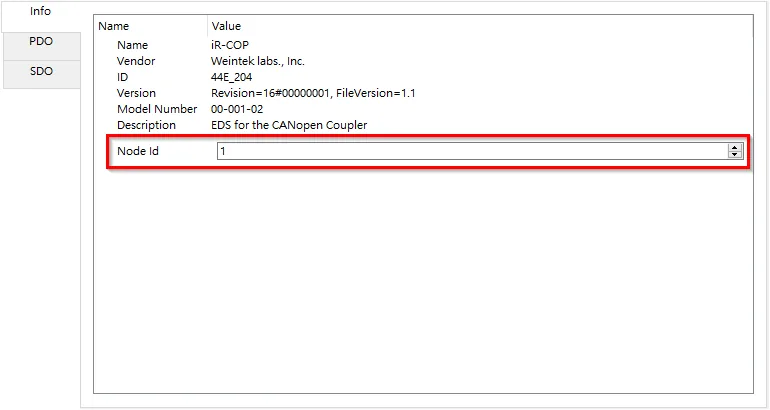 Device Manager Info tab showing iR-COP device details including vendor, ID, version, model number, description, and the Node ID input field highlighted.