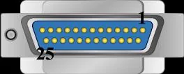 25-pin D-Sub connector face view showing pin 1 at top-right and pin 25 at bottom-left.