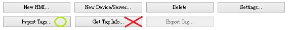 EasyBuilder toolbar showing Import Tags button circled as recommended and Get Tag Info button crossed out as not recommended.