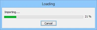 EasyBuilder Import Tags Loading Progress Loading dialog with a progress bar reading Importing… at 21 percent.