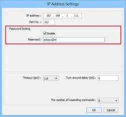 EasyBuilder IP Address Settings dialog showing IP 192.168.1.111, Port 972, and Password Setting with Enable checked.