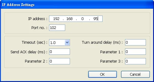 IP Address Settings dialog showing IP address 192.168.0.95, port 102, and timing fields for Timeout, Turn around delay, Send ACK delay, and Parameters.