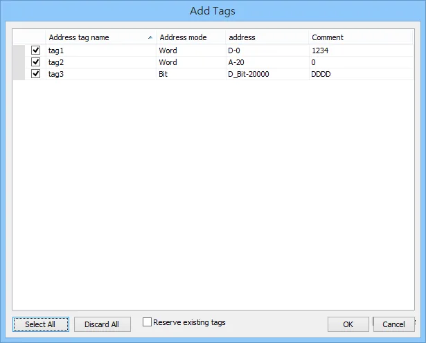EasyBuilder Pro Add Tags dialog listing tag1, tag2, and tag3 with address mode, address, and comment columns, all checkboxes selected.