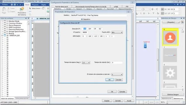 EBPro (EasyBuilder Pro) device configuration dialog showing the IP address, IP port, ADS port set to 801, and the AMS NetID fields for the Beckhoff TwinCAT PLC connection.