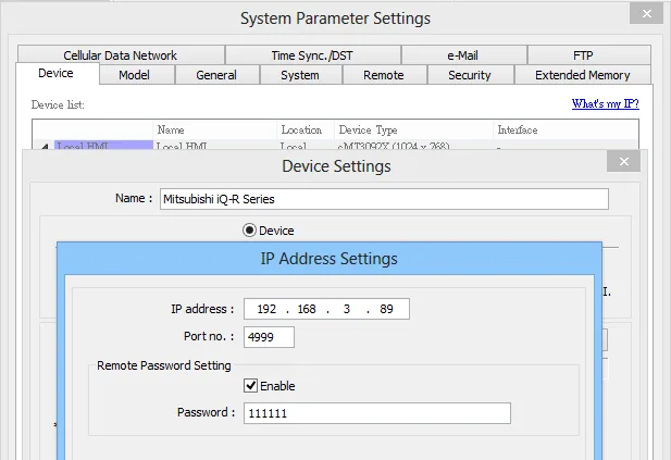 EBPro (EasyBuilder Pro) System Parameter Settings Device tab with Device Settings dialog open, showing Mitsubishi iQ-R Series name, IP address 192.168.3.89, port number 4999, and Remote Password Setting enabled.