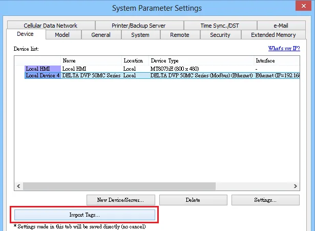 EasyBuilder Pro System Parameter Settings Device tab showing Delta DVP 50MC Series device listed, with Import Tags button highlighted.