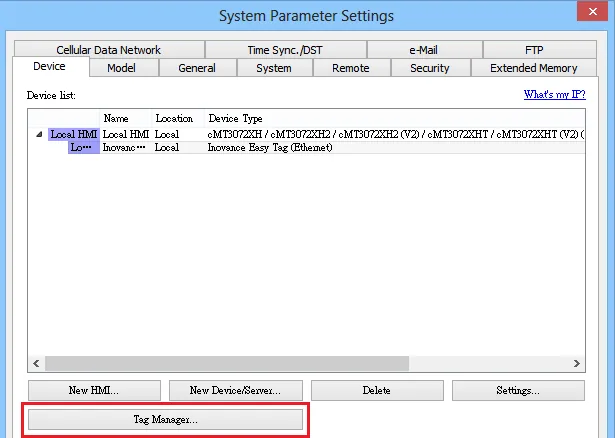 EasyBuilder System Parameters Tag Manager EasyBuilder Pro System Parameter Settings dialog with the Tag Manager button highlighted at the bottom of the Device tab.