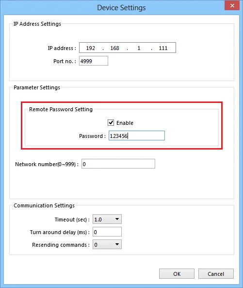 EBPro (EasyBuilder Pro) Device Settings dialog showing Remote Password Setting enabled with a password entered and Network number set to 0.