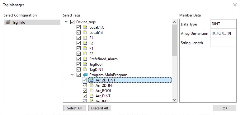 EasyBuilder Pro Tag Manager Selection Tag Manager dialog in EasyBuilder Pro showing Device_tags and Program:MainProgram tags tree with Arr_2D_DNT selected for import.