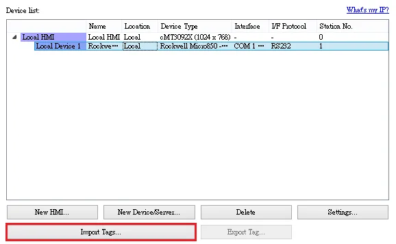 EBPro System Parameter Device List EasyBuilder Pro System Parameter Device list showing Local HMI (cMT3092X) and Local Device 1 (Rockwell Micro850 - Free Tag Names) via RS232 on COM 1, with Import Tags button highlighted.