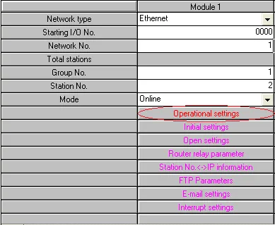 Ethernet Module Parameter Settings Panel Ethernet module parameter panel showing Network type set to Ethernet, Network No. 1, Station No. 2, Mode Online, and Operational settings links.