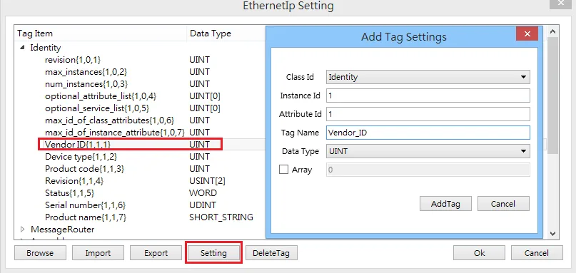 EasyBuilder Pro EtherNet/IP Setting dialog showing the Add button to add a new tag with Vendor ID class attribute selected.