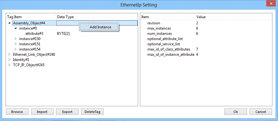 EthernetIp Setting dialog with Assembly_Object#4 expanded showing instance#0 with attribute#3 set to BYTE[2], and the Add Instance button visible alongside Item/Value panel.