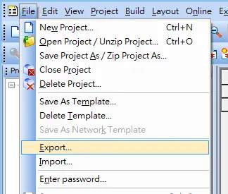 File Menu Export PLCopen File menu in the Schleicher programming software with the Export option highlighted.
