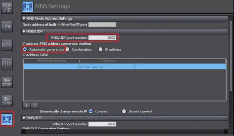 FINS Settings panel showing FINS/UDP port number set to 9600 and Automatic Generation selected as the IP address conversion method.