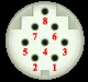 8-pin Hirose Female socket connector diagram viewed from the soldering point, with pins numbered 1 through 8.