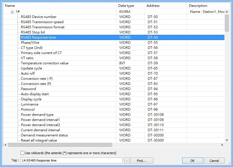 Object settings window displaying imported Panasonic KW9M address tags including RS485 parameters and DT register addresses, with RS485 Response time highlighted.