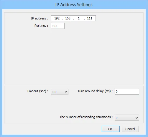 IP Address Settings Port 102 IP Address Settings dialog with IP address 192.168.1.111 and Port no. 102 entered.