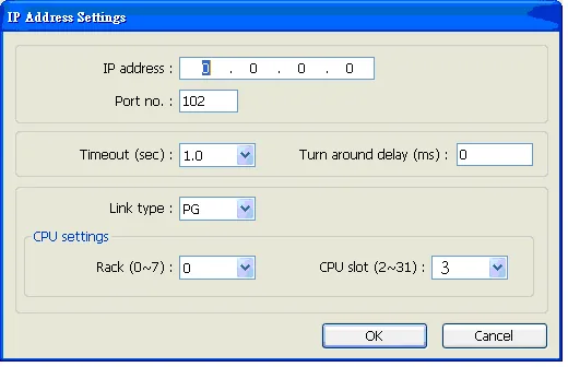 IP Address Settings Port Link Type Rack CPU Slot IP Address Settings dialog showing IP address fields, Port no. 102, Link type PG, Rack 0, and CPU slot 3.