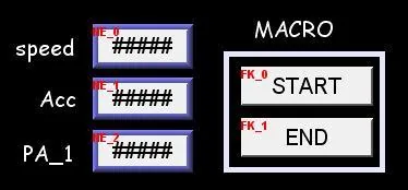 EasyBuilderPro Jog Mode screen showing Speed, Acc, and PA_1 numeric entry fields alongside START and END macro function key buttons.
