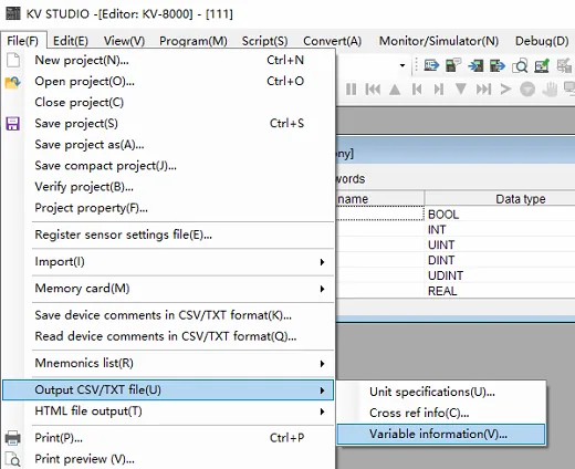 KV STUDIO Export Variable Information Menu KV STUDIO File menu expanded to show Output CSV/TXT file submenu with Variable information option highlighted.