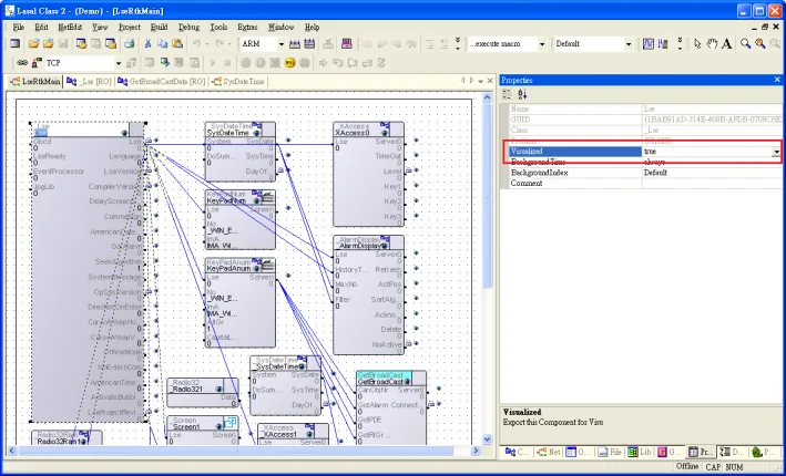 LASAL Class 2 Properties panel showing the Visualized field set to true for the selected object.