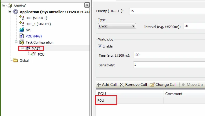MAST Task Configuration POU Machine Expert application tree showing MAST task configuration with POU added as a call under Task Configuration.