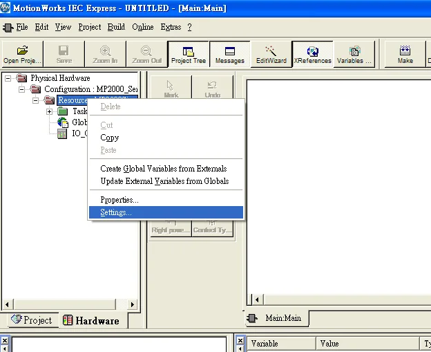MotionWorks IEC Resource Settings Menu MotionWorks IEC Express project tree showing Resource right-click context menu with Settings highlighted.