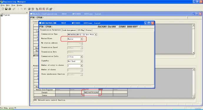 MPE720 MECHATROLINK dialog with Master/Slave set to Master, showing communication type MECHATROLINK-II CS Byte Mode and communication cycle settings.