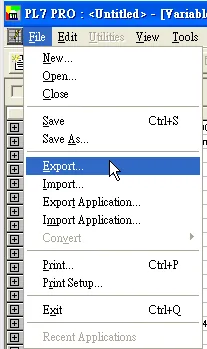 PL7 PRO application with the File menu open and the Export option highlighted.