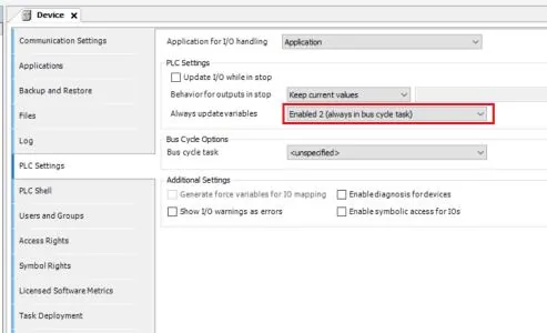CODESYS Device PLC Settings panel with Always update variables set to Enabled 2 (always in bus cycle task) highlighted.