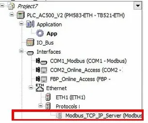 Automation Builder project tree showing Modbus_TCP_IP_Server highlighted under the ETH1 Ethernet interface.