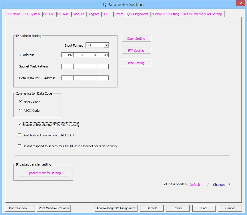 Q Parameter Setting dialog with Built-in Ethernet Port Setting tab, showing Binary Code selected and Enable online change (FTP, MC Protocol) checkbox checked.