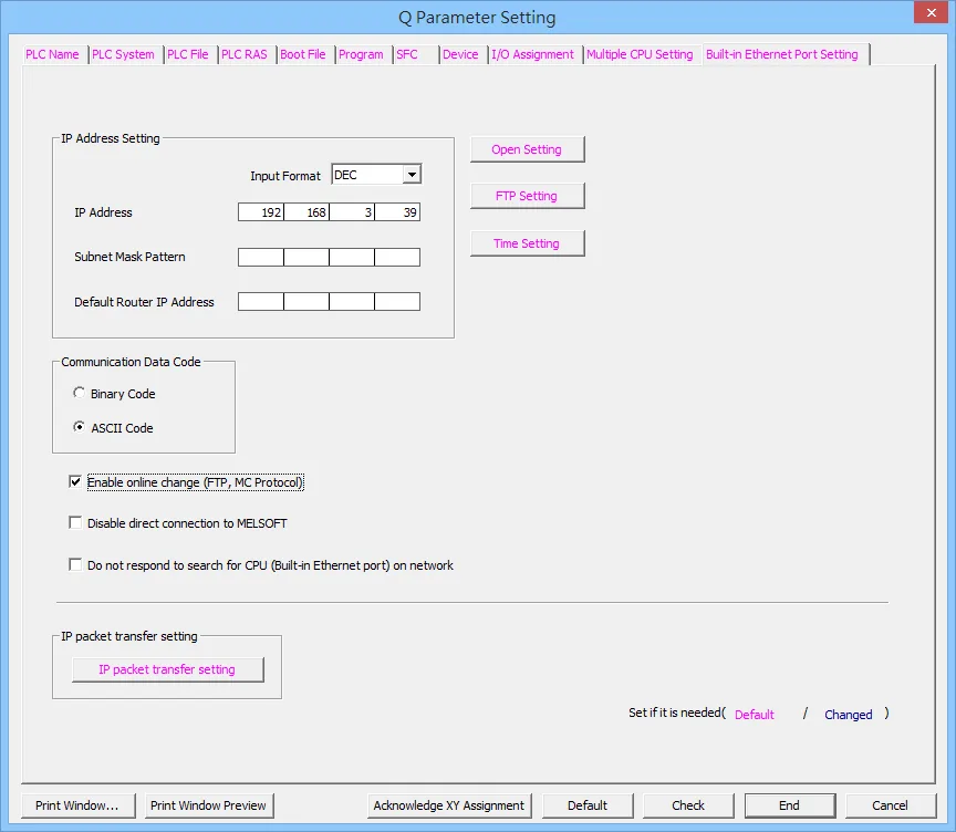 Q Parameter Setting dialog showing Built-in Ethernet Port Setting tab with ASCII Code selected under Communication Data Code and Enable online change (FTP, MC Protocol) checked.