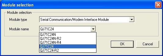 Module selection dialog with module type set to Serial Communication/Modem Interface Module and QJ71C24 selected in the module name dropdown.