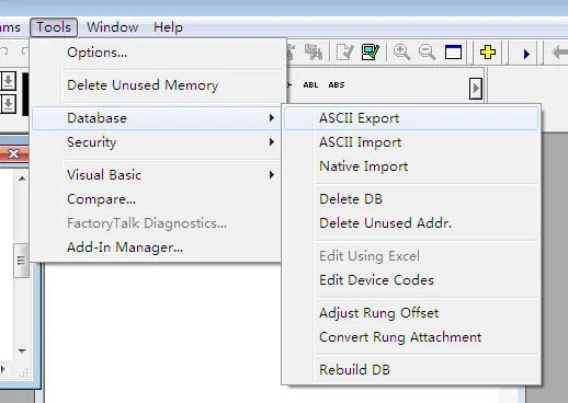 RSLogix 500 Tools menu open with Database submenu showing ASCII Export option highlighted.