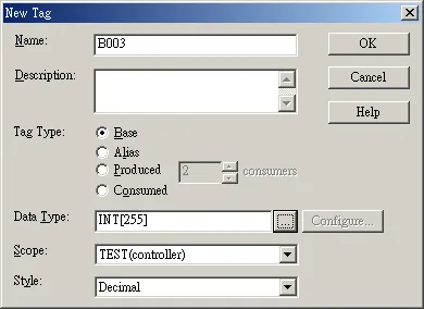 New Tag dialog in RSLogix 5000 with tag name B003, Data Type INT[255], Tag Type set to Base, and Scope set to TEST(controller).