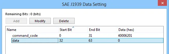 SAE J1939 Data Setting dialog showing command_code and data entries with Start Bit, End Bit, and Data (hex) columns.