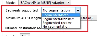 Segments supported dropdown in IP Address Settings expanded, showing options: No-segmentation, Segmented-both, Segmented-transmit, Segmented-receive.