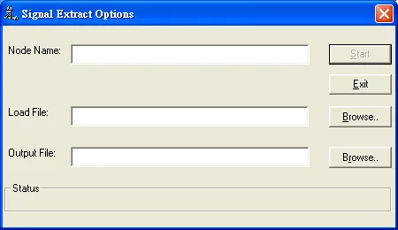 Signal Extract Options Load Output File Signal Extract Options dialog with Node Name, Load File, Output File fields and Browse buttons, before a file is loaded.