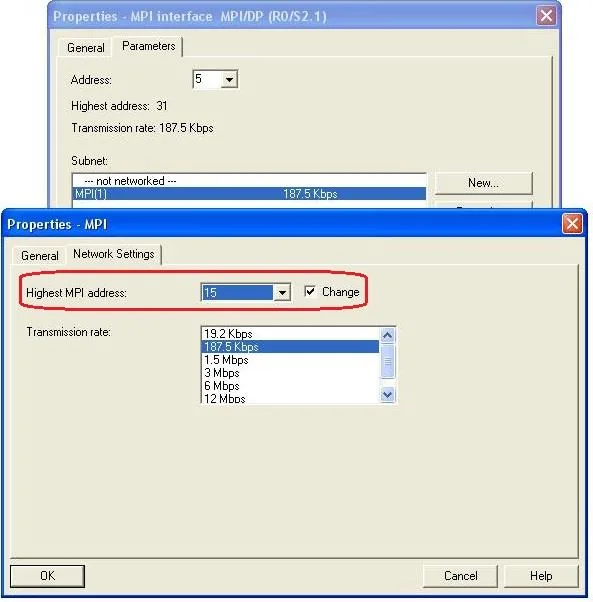 STEP 7 Properties MPI/DP dialog with the Network Settings tab open, showing Highest MPI address set to 15 with 187.5 Kbps transmission rate selected.